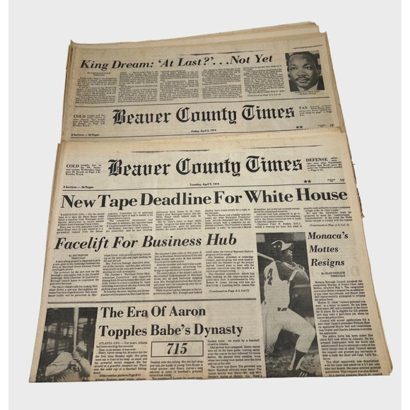 Hank Aaron Home Runs 714 & 715 Newspapers Beaver County News April 5 and 9 1974 - Picture 1 of 3
